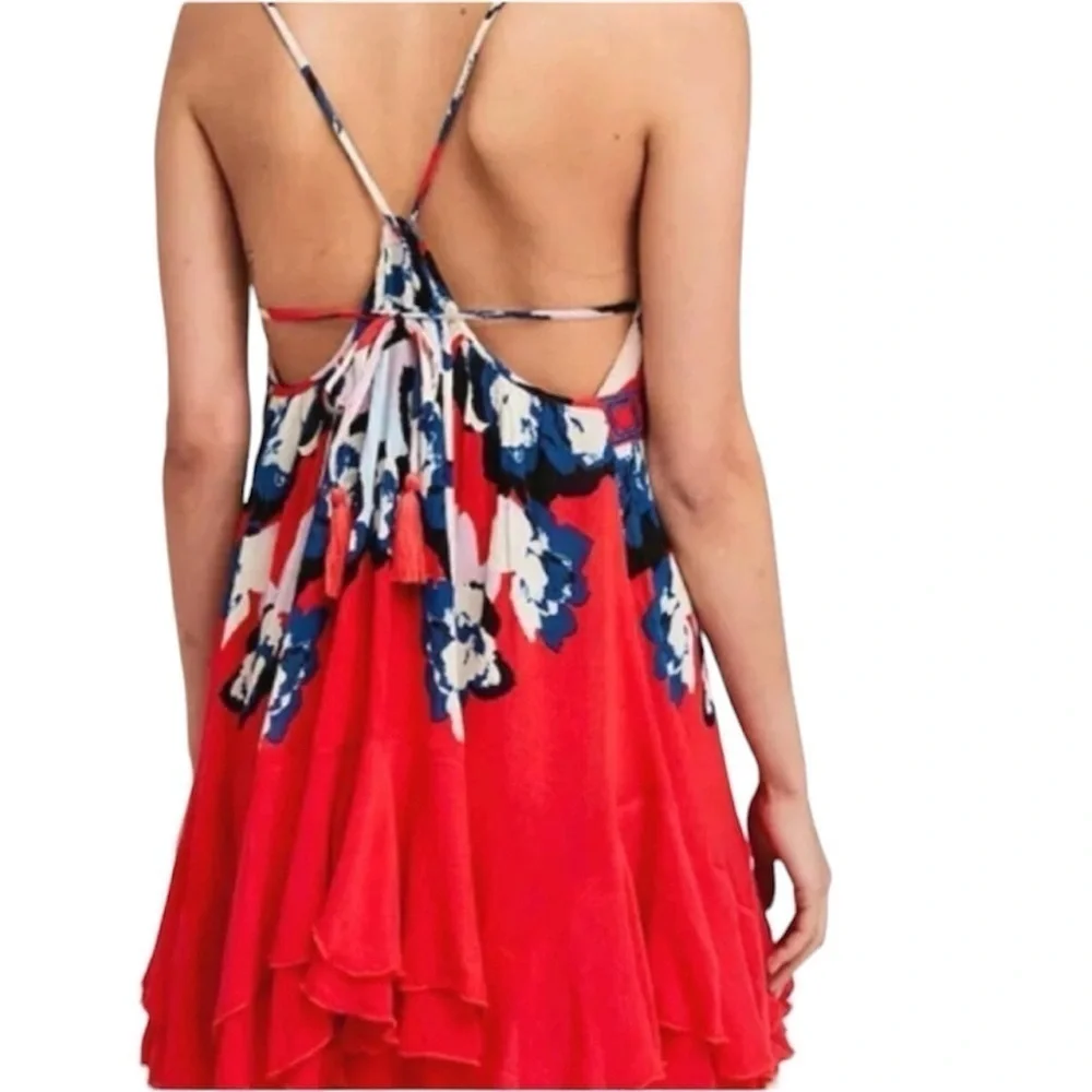 Free People Sweet Lucy Dress, Ruffle Hem Orange with Navy Blue & White Size S P
